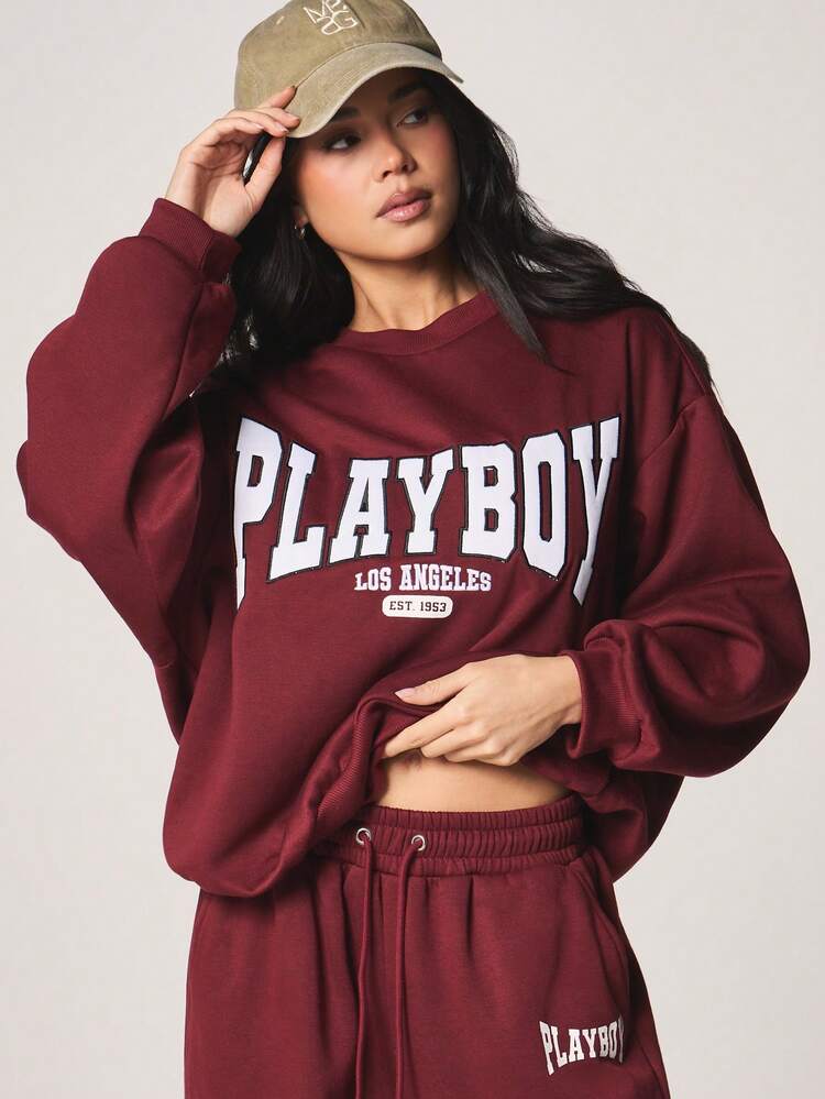 Missguided x Playboy Oversized Pullover Sweatshirt With Front Print Los Angeles Vintage Style Long Sleeve Crew Neck Casual Comfort Fall Winter