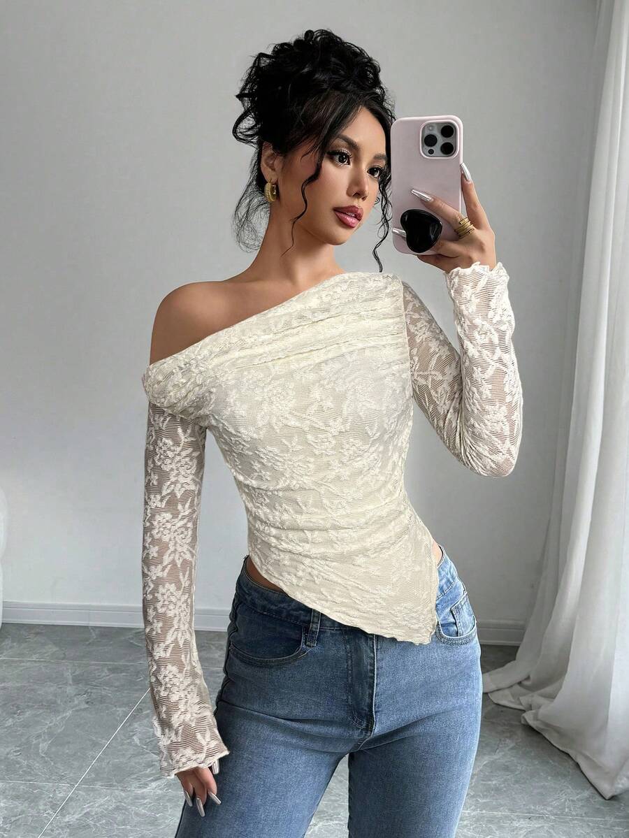 Firerie Women's Elegant Jacquard Asymmetrical Ruffle Collar Fitted T-Shirt, Suitable For Spring, Summer, Autumn - White - View 1