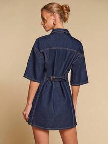 COSMINA 女士休闲水洗收腰迷你牛仔连衣裙 - 藍色 - 查看 2