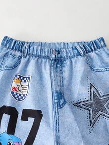 SHEIN Streecool Kids Tween Girls' Fashionable Cartoon Print Wide Leg Pants - Blue - View 4