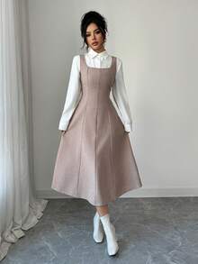 SHEIN Elenzya 2pcs/Set Women Square Neck Sleeveless Dress With Waist Cinching Shirt - Coffee Brown - View 6