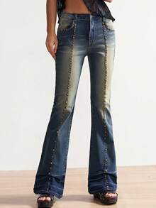 Bohemela Spodnie damskie w stylu boho jesień/zima/wiosna, casualowe, vintage z lat 90., dzwony, z kieszeniami i ćwiekami, idealne na koncerty w stylu western country, idealne na wakacje, na co dzień i do szkoły, na Boże Narodzenie i Nowy Rok - Wielokolorowe - Zobacz 4