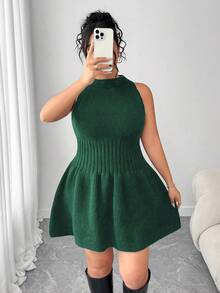 Elenzga Robe sans manches en tricot pour femmes grandes tailles, automne/hiver, avec volant à l'ourlet, robe pull de couleur unie - Vert sapin - Voir 8