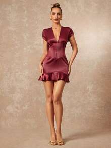 Lumalex VITNOS 深V领修身纽扣设计性感迷你荷叶边短袖连衣裙，酒红色 - 酒紅色 - 查看 4