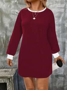 EMERY ROSE Plus Size Women Casual Contrast Trim Splice Dress, Versatile For Spring & Autumn - Red - View 4