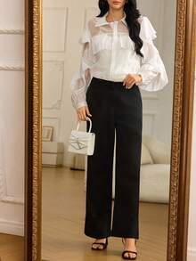 Modelyn Women's Turndown Collar Single-Breasted Ruffle Hem Fashionable Versatile Commuting Long Sleeve Shirt - White - View 3