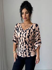 Selianne Summer New Comfortable Casual V-Neck Ruffle Batwing Sleeve Irregular Color Block Print Ruched Hem Women T-Shirt - Multicolor - View 4