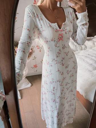 CottageSlumber Cămașă de noapte lungă pentru femei, cu imprimeu floral și fundă romantică