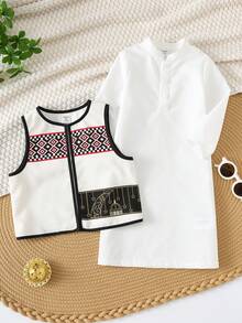 SHEIN 男婴几何图案背心和长袖衬衫两件套，适合正式场合、生日派对、锐舞派对、晚宴、表演、婚礼、迎婴派对和一周岁生日庆祝活动。