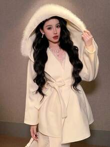 DAZY Women's Elegant Wool Collar Belted Overcoat, Autumn/Winter - White - View 4