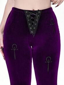 ROMWE Gothic Style Velvet Ankh Embroidered Flare Pants For Women - Purple - View 2