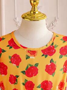 SHEIN 1pc Girls' Yellow Rose Print Ruffle Hem Sleeveless Midi Dress, Summer - Multicolor - View 6