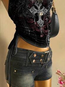 Attitoon Áo crop top buộc dây rút phía trước cho nữ - màu đen - Xem 7