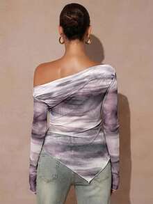 MaterniChic Maternity Clothes Maternity Tops Maternity Printed Asymmetrical Shoulder Long Sleeve T-Shirt - Multicolor - View 2