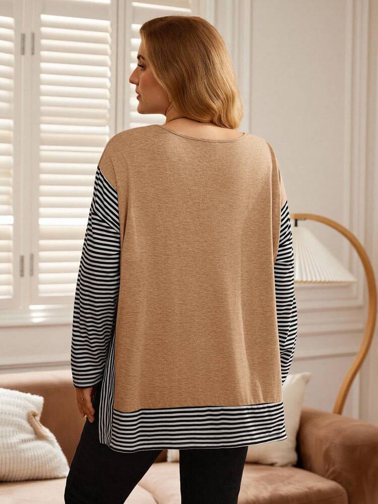 Plus Size Crew Neck Drop Shoulder Long Sleeve Loose Casual Striped Patchwork T-Shirt