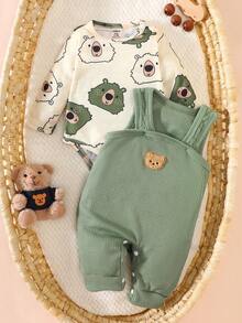 SHEIN Newborn Male Baby Apricot Pit Stripe Cartoon Printed Long Sleeved Jumpsuit Paired With Green Teddy Bear Embroidered Shoulder Strap Jumpsuit, Two Pieces Set, Fashionable, Personalized, Cute Autumn New Style Fall Winter