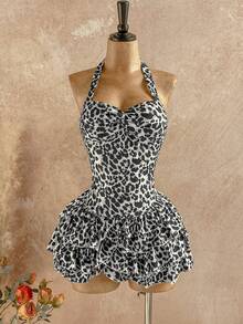 Soleia Đầm mini họa tiết da báo cổ điển buộc nơ sau lưng xếp nếp nhiều lớp viền bèo nhún cho nữ - Nhiều màu - Xem 3