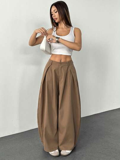 SHEIN PETITE Women's Summer Vintage Casual Streetwear Going Out Oversized Army Green Curved Hem Pants Pants Brown Pants Wide Leg Pants
