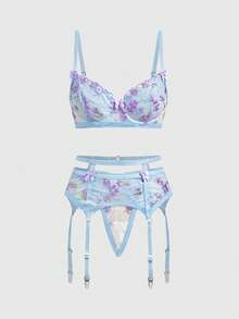 ROMWE Kawaii 3件套浪漫花卉刺绣网纱钢圈文胸、丁字裤和吊袜带性感内衣套装 - 藍色 - 查看 1