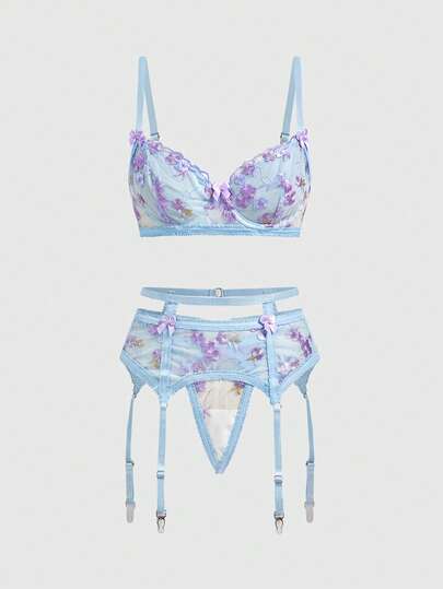 ROMWE Kawaii 3pcs Romantic Floral Embroidered Mesh Underwire Bra, Thong, And Garter Belt Sexy Lingerie Set
