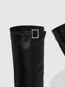 Daringsoles 女士尖头搭扣设计时尚日常百搭高跟过膝长靴 - 黑色 - 查看 11