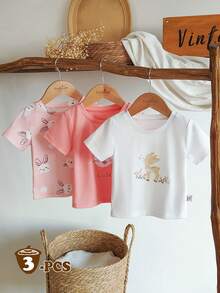SHEIN Vintaside Kids 3pcs/Set Baby/Toddler Girls' Soft Loose Casual Versatile Short Sleeve Tees Tops, Pink, White, Rabbit And Deer Prints, Casual Summer Holiday Vacation Everyday Wear. Suitable For Beach Vacation, Park Outing, Daily Wear, Holiday Gathering, First Birthday Party, Sightseeing, Photoshoots, And Various Occasions. Ideal For Spring And Summer Wear - Multicolor - View 3