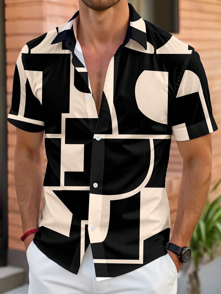 Manfinity Homme Áo sơ mi tay ngắn in họa tiết hình học kỹ thuật số màu chắp vá dành cho nam - màu đen - Xem 1