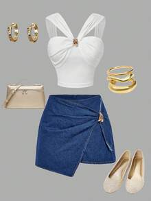 SHEIN MOD 大码休闲水洗不对称牛仔裹身裙 - 中等水洗藍 - 查看 7