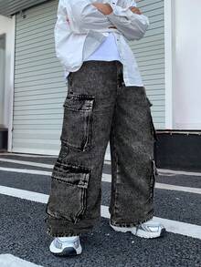 SHEIN Little Byeori 青少年男孩时尚休闲黑色宽松直筒工装牛仔裤，适合日常穿着和秋季服装 - 淺灰色 - 查看 3