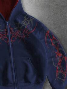 ROMWE MEN Street Life Áo hoodie nam dáng rộng, in họa tiết, có khóa kéo, thích hợp mặc hàng ngày, mùa thu. - Xanh đậm - Xem 3