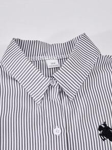 SHEIN 3件套女童休闲套装：条纹翻领长袖宽松开衫、刺绣马图案吊带背心和松紧腰阔腿裤，秋季款 - 黑與白 - 查看 6