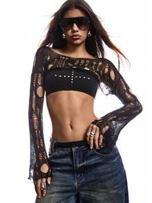 LYSMO 女式做旧黑色高领长袖套头衫 - 黑色 - 查看 4