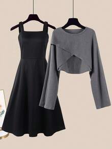 GlowEve 女士不规则下摆针织套头衫和收腰A字连衣裙套装，休闲日常法式优雅通勤时尚复古商务度假装，灰色长袖针织衫和深灰色连衣裙，早春/秋季新品两件套 - 彩色 - 查看 9