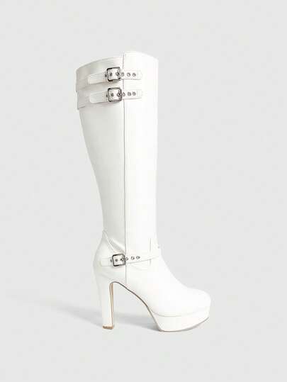 Sugerpunk Women Fashion Buckle Decor Platform Knee-High Boots Valentine's Day