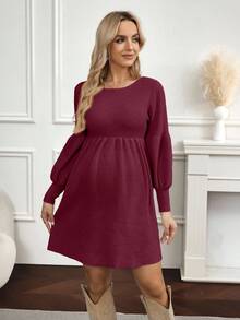 SHEIN Maternity Sweater Dress With Back Hook Flower Design, Long Sleeve Mini Dress - Burgundy - View 4