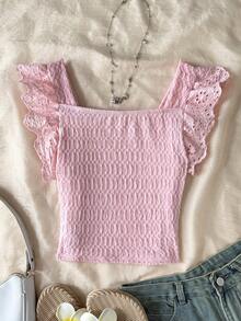 SHEIN Camiseta de punto ajustada con cuello cuadrado, textura, parches, bordados y encaje para niñas preadolescentes en vacaciones - Rosa - Ver 2