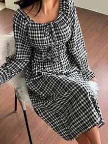 DAZY 甜美格子收腰长款连衣裙家居服女款 - 黑與白 - 查看 1