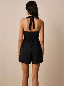 Poéselle Women Metal Buckle Backless Halter Top And Shorts 2 Pieces Set - Black - View 6