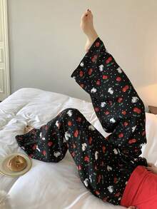 DAZY Cherry Dog Print Loose Women Pajama Bottoms - Black - View 4