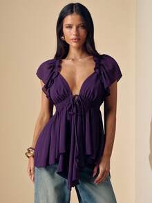 SHEIN BAE Áo hở lưng xếp nếp màu tím đậm gợi cảm dành cho nữ, thích hợp cho kỳ nghỉ xuân/hè, bãi biển, khách dự tiệc cưới sang trọng, ngày lễ, buổi tối đi chơi thu/đông, giáng sinh sang trọng, halloween - Màu tím - Xem 3