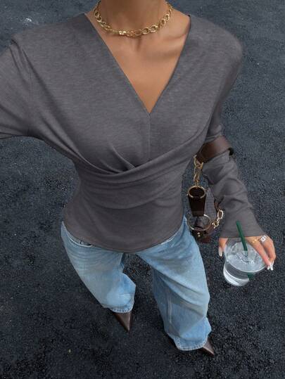 Siren Gaze Women's Solid Color Cross Design V-Neck Cinched Waist Long Sleeve T-Shirt, Autumn/Winter