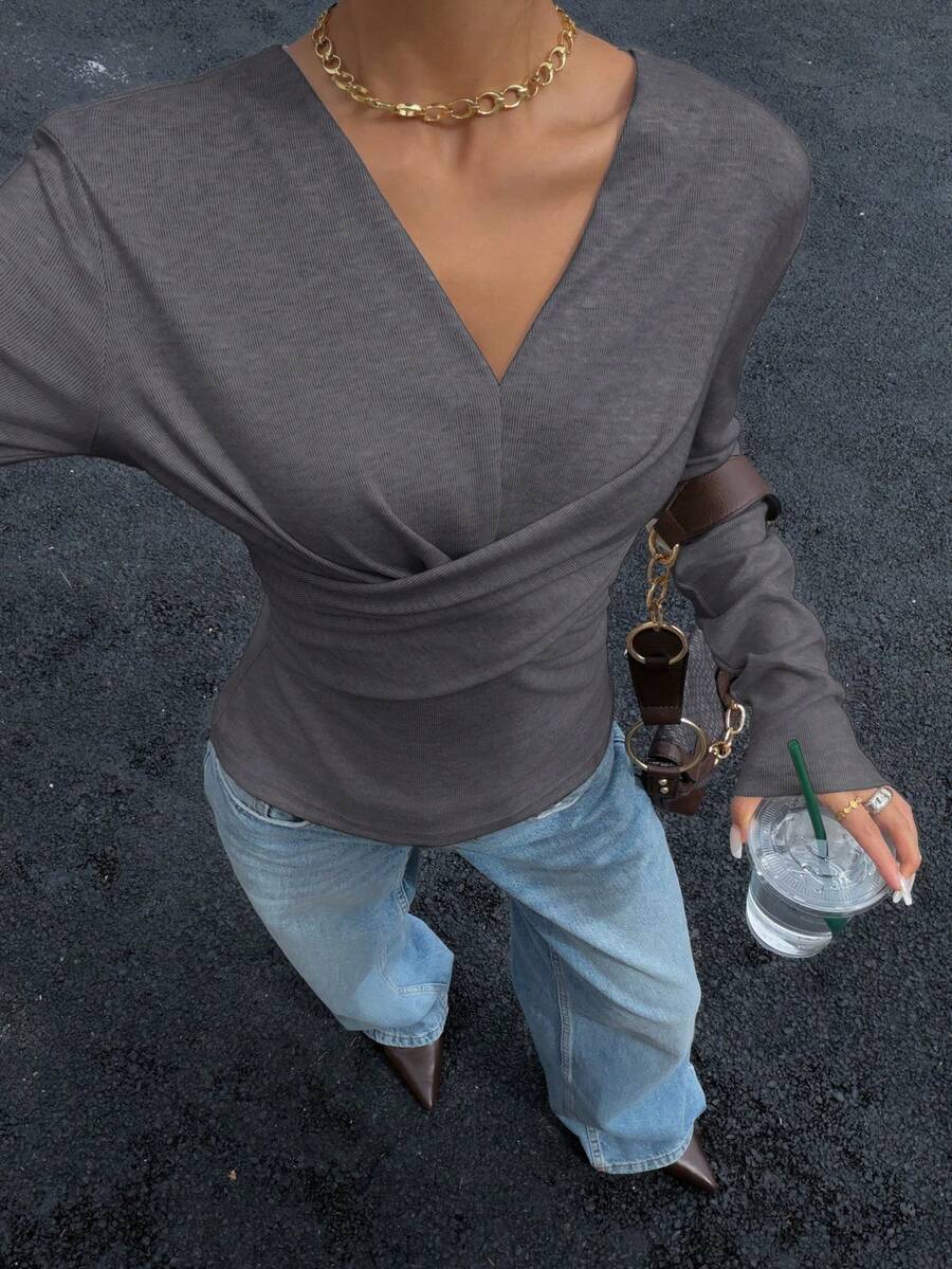 Siren Gaze 女士纯色交叉设计V领收腰长袖T恤，秋冬款 - 灰色 - 查看 1