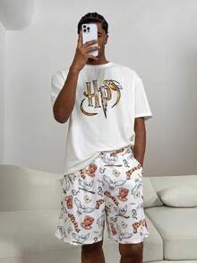 HARRY POTTER X SHEIN Bộ đồ ngủ tay ngắn in chữ và cú hoạt hình mùa hè cho nam và quần short - trắng - Xem 1