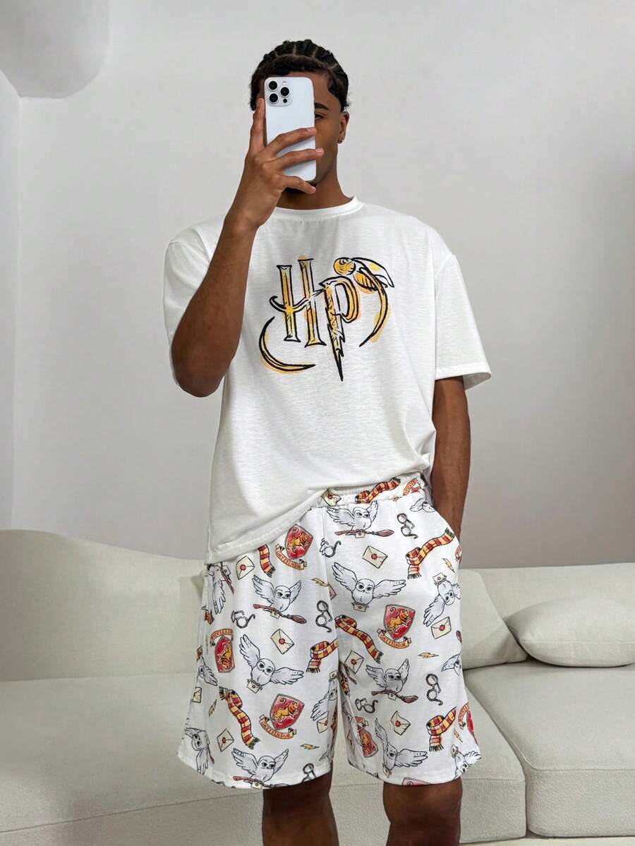 HARRY POTTER X SHEIN Bộ đồ ngủ tay ngắn in chữ và cú hoạt hình mùa hè cho nam và quần short - trắng - Xem 1