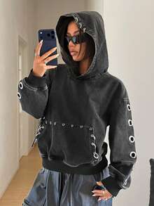 StreetHx Women's Dropped Shoulder Long Sleeve Casual Hooded Denim Jacket - Black - View 6