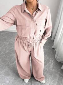 Elenzga Plus Size Women's French Romantic Sicily Elegant Casual Commute Vacation Solid Brown Shirt Collar Hidden Placket Elastic Hem Long Sleeve Shirt + Elastic Waist Cargo Pants Suit, Spring/Autumn/Winter Pant Suit Summer Sets 2 Piece Lounge Sets Woman 2 Piece Casual Sets Woman Comfortable Two Piece Set - Baby Pink - View 5