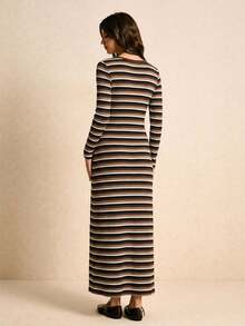Poéselle Vestido casual de mujer de manga larga con cuello redondo y rayas, estilo vintage, para otoño - Marrón - Ver 7