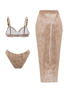 Swim Oasis Summer Vacation Beach Sexy Underwire Backless Leaf Fabric Bikini Set With Scarf And Maxi Skirt - Khaki - View 5