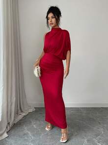 Elenzga Women's Elegant Burgundy Ruched Collar Sleeveless Fitted Flared Dress, Spring/Summer - Burgundy - View 4