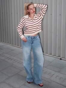 Turnttoni Pulover casual cu dungi, mânecă lungă și fermoar pe jumătate, toamnă